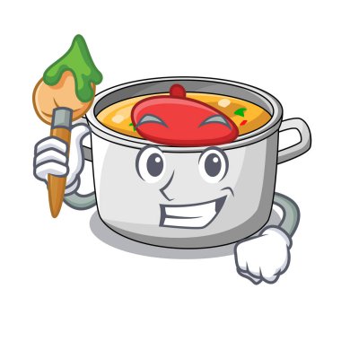 Sanatçı sebze çorbası pot karikatür makarna ile