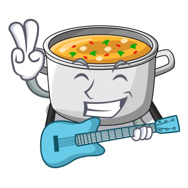 Gitar ile çorba pot pişirme maskotu izole