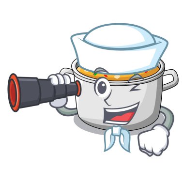 Denizci ile dürbün tencereye maskotu izole çorba