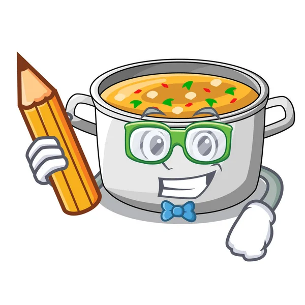 Μαθητή με βιβλίο γελοιογραφία σούπα κοτόπουλο κατσαρόλα για δείπνο — Διανυσματικό Αρχείο