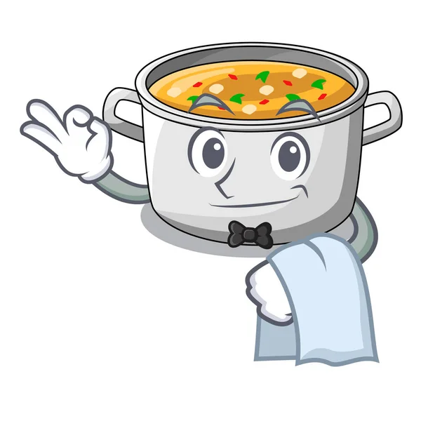 Σερβιτόρος κατσαρόλα σούπα που απομονώνονται σε μασκότ — Διανυσματικό Αρχείο