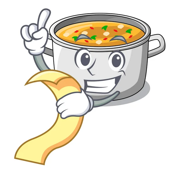 Dengan menu memasak pot sup terisolasi pada maskot - Stok Vektor