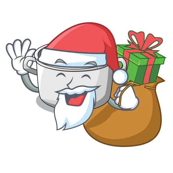 Père Noël avec dessin animé cadeau soupe de ragoût maison dans le pot — Image vectorielle
