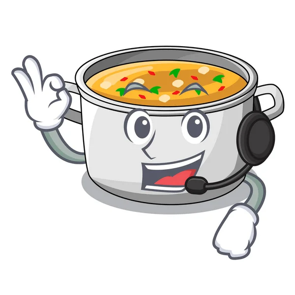 Dengan headphone kartun sup rebus buatan sendiri dalam panci - Stok Vektor