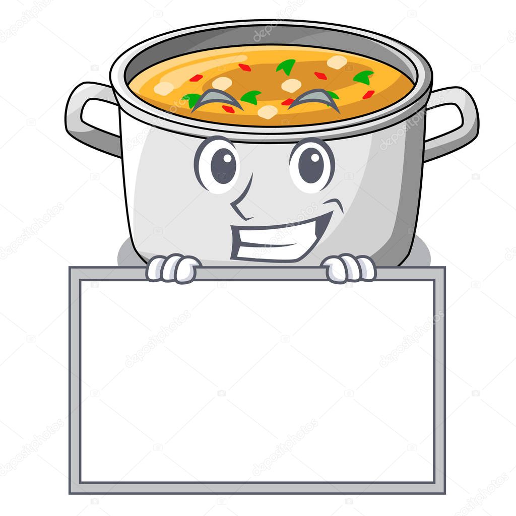 Grinning with board vegetable soup with pasta in pot cartoon vector illustration