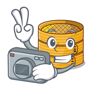 Maskot izole fotoğrafçı bambu vapur gıda