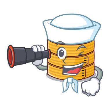 Denizci maskotu izole dürbün bambu vapur gıda ile