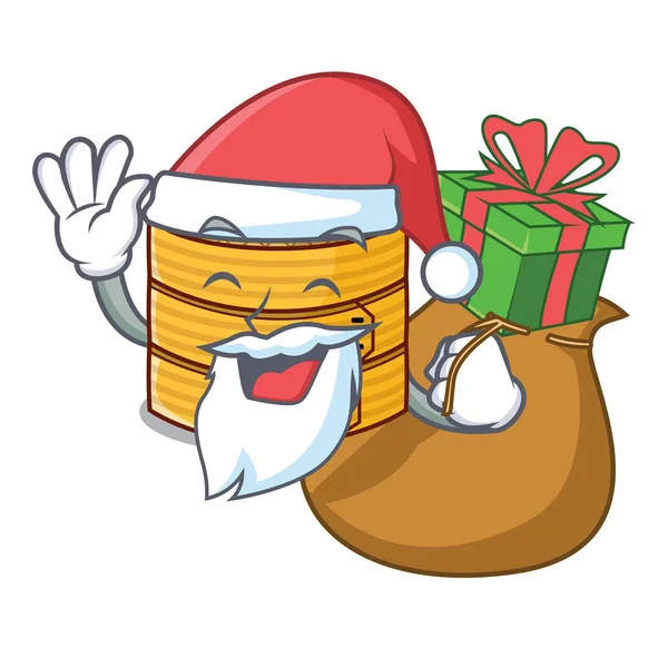 Santa com presente de madeira recipiente de comida cozido no vapor em desenhos animados —  Vetores de Stock