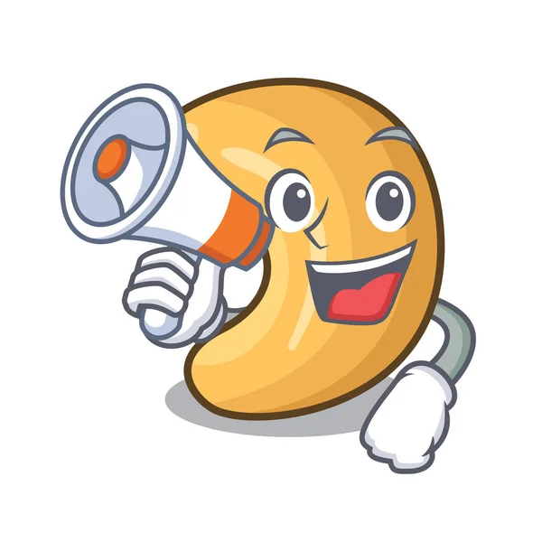 S megafon charakter Kešu ořechy haldy na kreslený — Stockový vektor