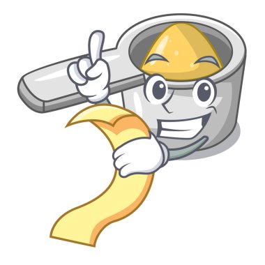 Menü ile metal kaşık ölçme maskotu izole.