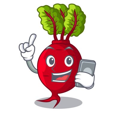 Telefon karikatür taze hasat beetroots ile ahşap sandık içinde