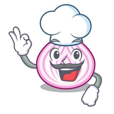 Şef karikatür dilim yemek pişirmek için kırmızı soğan