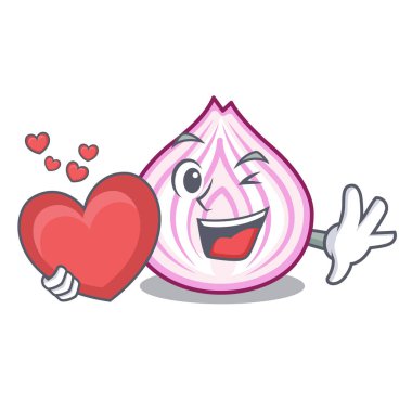 Kalp ile kesme tahtası karikatür soğan dilimlenmiş