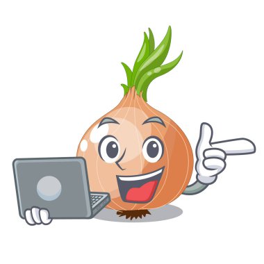 Laptop bir çizgi film kutusu çiğ soğan