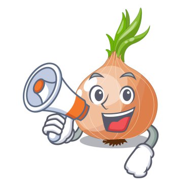 Bir çizgi film kutusunda megafon çiğ soğan ile