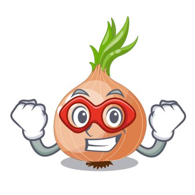 Süper kahraman karakter taze sebze soğan içinde belgili tanımlık çarşı