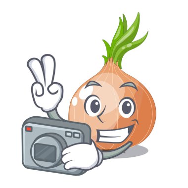 Maskot izole fotoğrafçı taze soğan