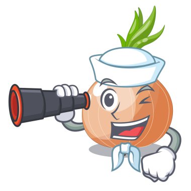 Denizci maskotu izole dürbün taze soğan ile