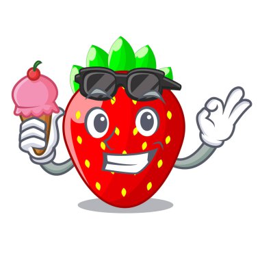 Dondurma çilek meyve ile ahşap kase karikatür