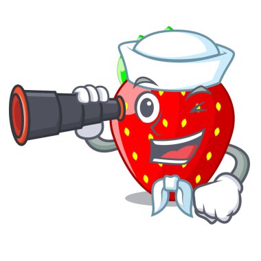 Denizci maskotu izole dürbün taze olgun çilek ile