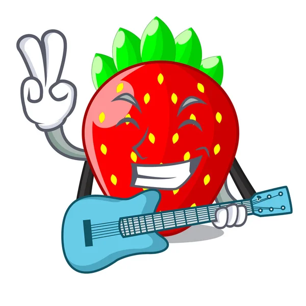 Met gitaar verse rijpe aardbeien geïsoleerd op mascotte — Stockvector