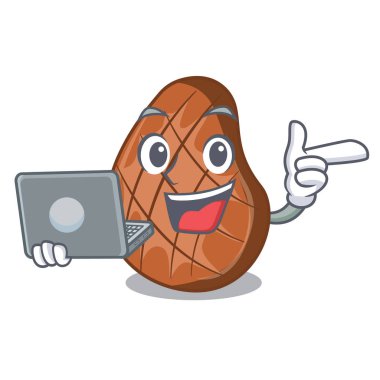 Laptop ile plaka karikatür vektör çizim sığır eti biftek ızgara