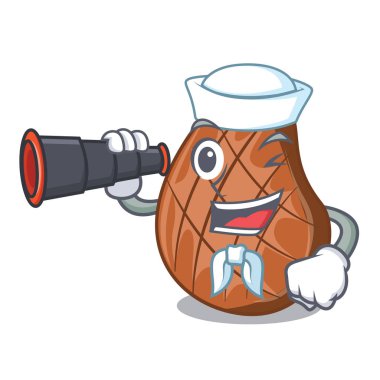 Denizci ile karikatür mutfak vektör çizim dürbün pişmiş ızgara sığır eti biftek