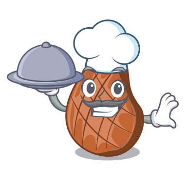 Şef gıda ile karikatür mutfak vektör çizim ızgara sığır eti biftek pişmiş