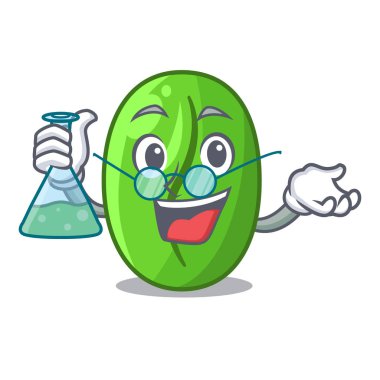 Profesör Yeşil kahve çekirdekleri içinde çizgi film kahve çanta vektör çizim