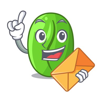 Zarf yeşil kahve çekirdekleri ile çizgi film kahve çanta vektör çizim