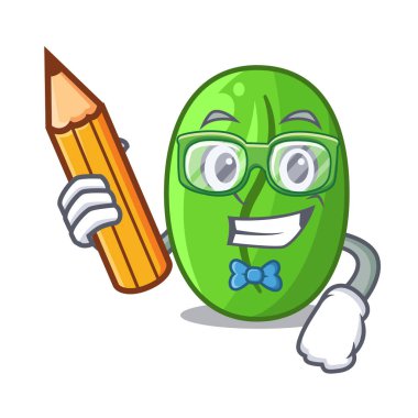 Öğrenci yeşil kahve çekirdekleri içinde kahve çanta vektör çizim karikatür