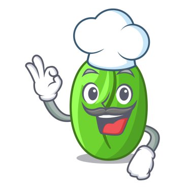 Şef yeşil kahve çekirdekleri içinde çizgi film kahve çanta vektör çizim