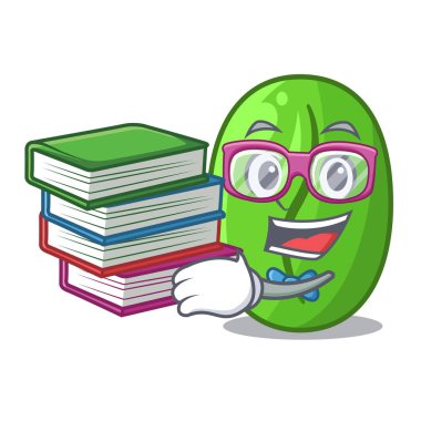 Maskot izole kitap yeşil kahve çekirdekleri ile öğrenci