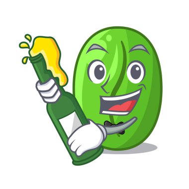 Maskot izole bira yeşil kahve çekirdekleri ile