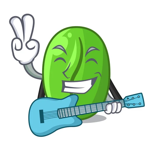 Con chitarra chicchi di caffè verde in ciotola cartone animato — Vettoriale Stock