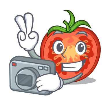 Fotoğrafçı karikatür taze domates dilimleri yemek pişirmek için