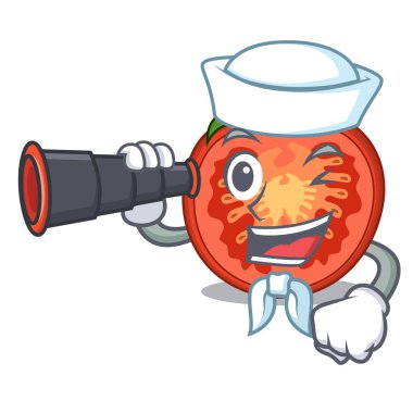 Denizci yemek pişirmek için dürbün karikatür taze domates dilimleri ile