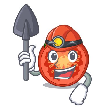 Madenci karikatür taze domates dilimleri yemek pişirmek için