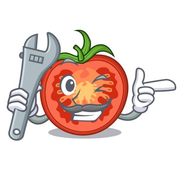 Maskot izole makinist kırmızı domates dilimleri