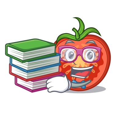 Öğrenci maskotu izole kitap kırmızı domates dilimleri ile