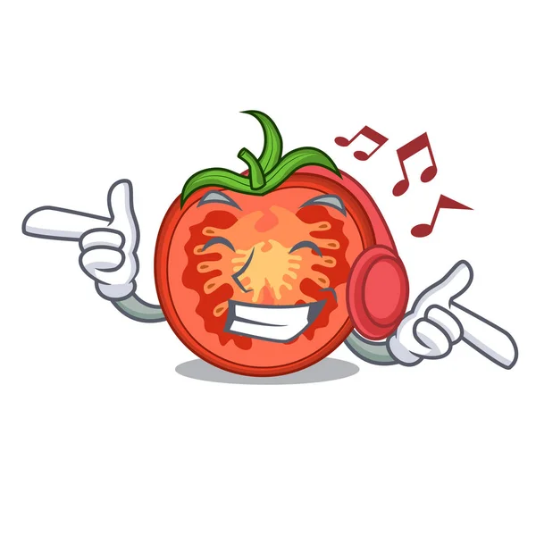 Listening music cartoon fresh tomato slices for cooking — Stock Vector