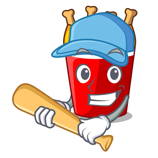 Jouer personnage de baseball seau poulet frit fast food — Image vectorielle