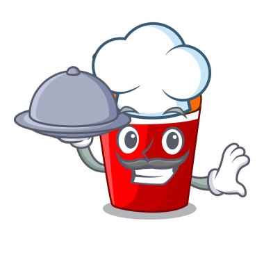 Şef gıda ile kızarmış tavuk büyük karikatür kova kutusunda