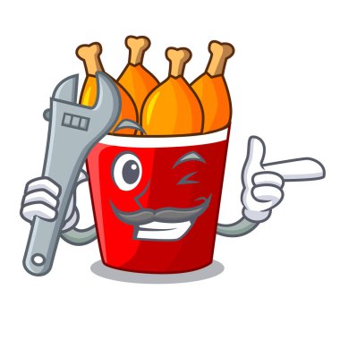 Maskot izole mekanik kızarmış tavuk kova