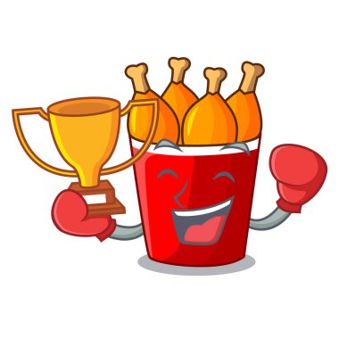 Maskot izole boks şampiyonu kızarmış tavuk kova