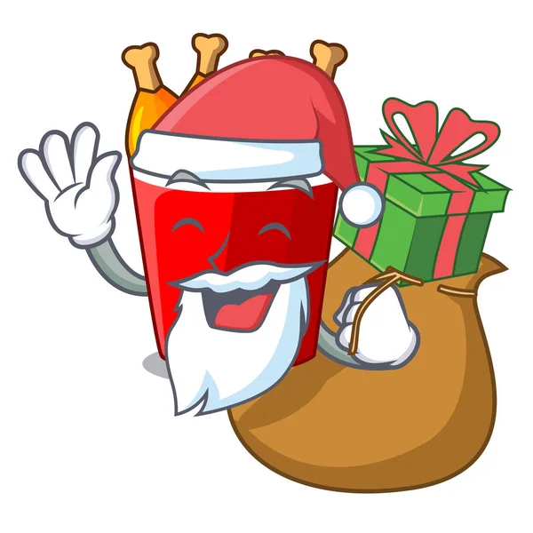 Santa con cubo de pollo frito regalo aislado en la mascota — Vector de stock