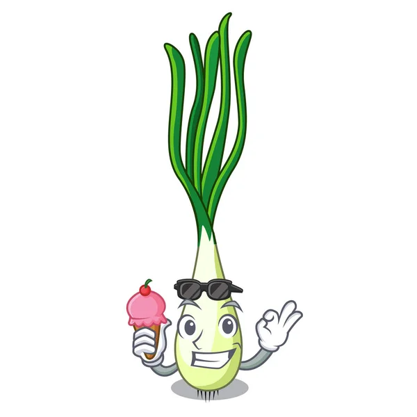 S ice cream kreslený čerstvé zelené cibule na prkénku — Stockový vektor