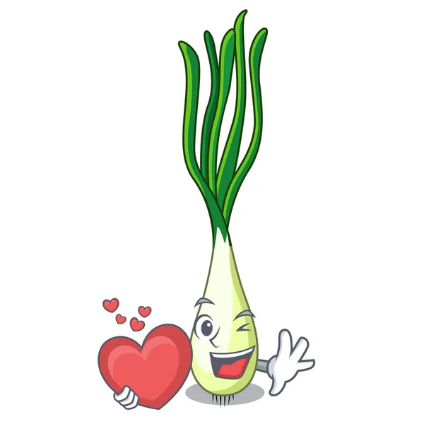 Con corazón de dibujos animados cebolla fresca de primavera para cocinar — Vector de stock