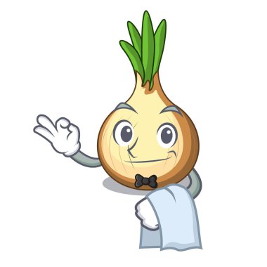 Yemek pişirmek için garson çizgi film olgun sarı soğan