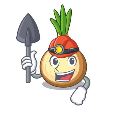 Yemek pişirmek için madenci çizgi film olgun sarı soğan